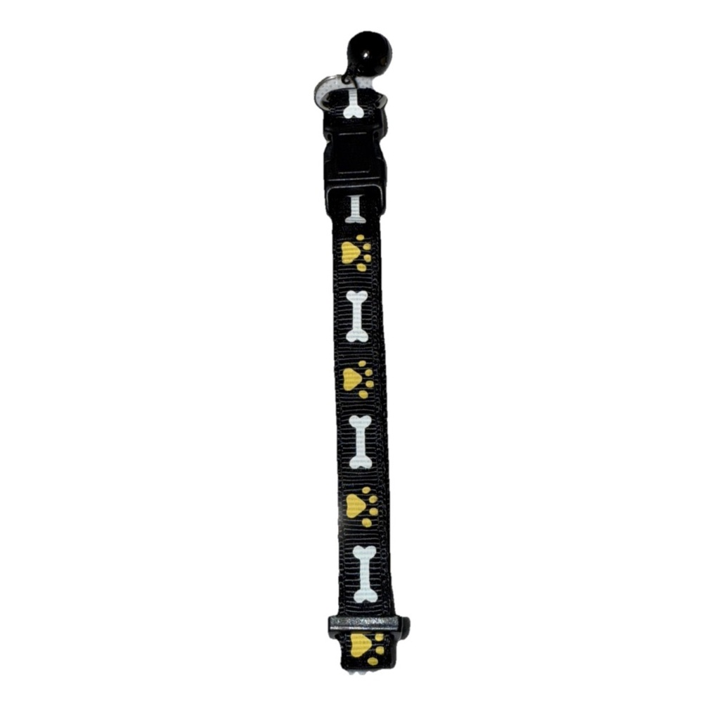 Pet Collar w/Bell Black Bone/Paw Print Design SM-MD Pets Adjustable NEW